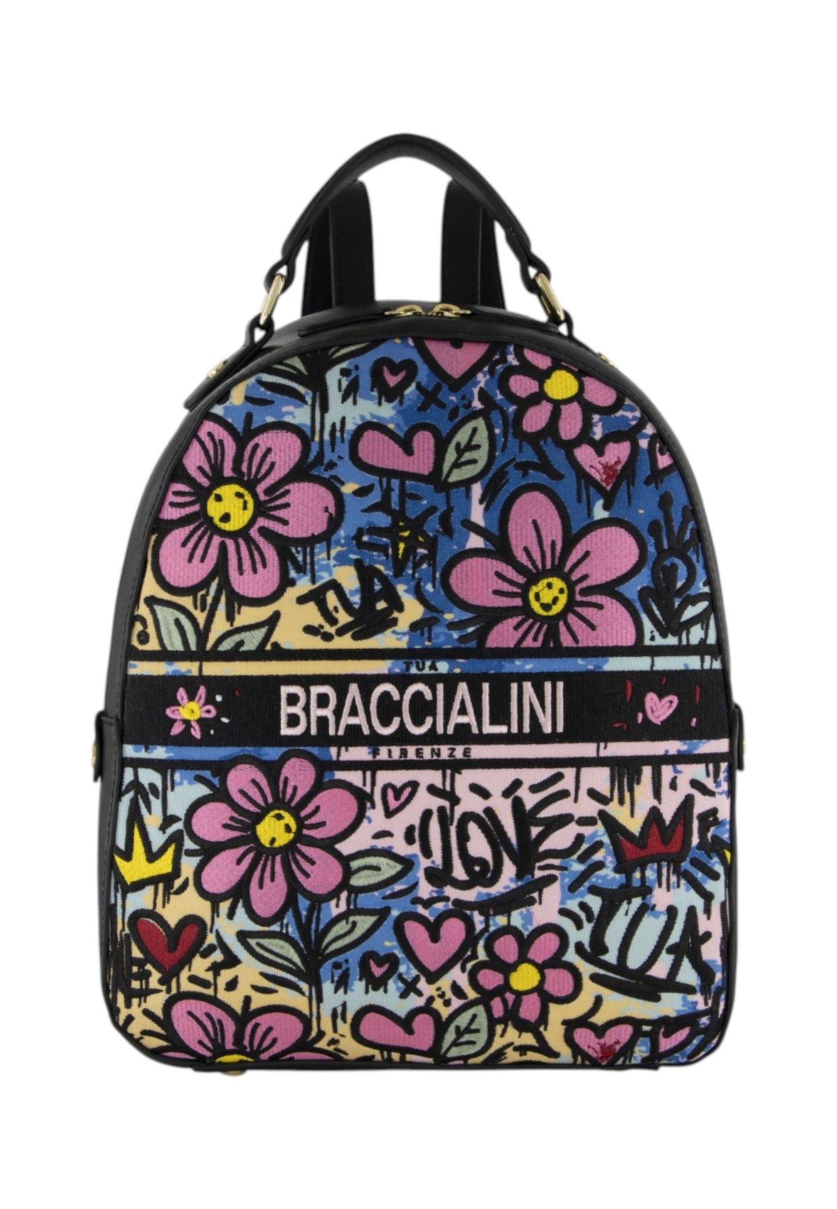 Zaino  Donna Braccialini Zaino compatto, Singolo con tracolle regolabili, Chiusura con zip, Due tasche interne, una con zip e una aperta, Motivo jacquard con ricami e dettagli graffiti, Dimensioni: 22 x 15 x 28 Cm Jacquard B19294TY