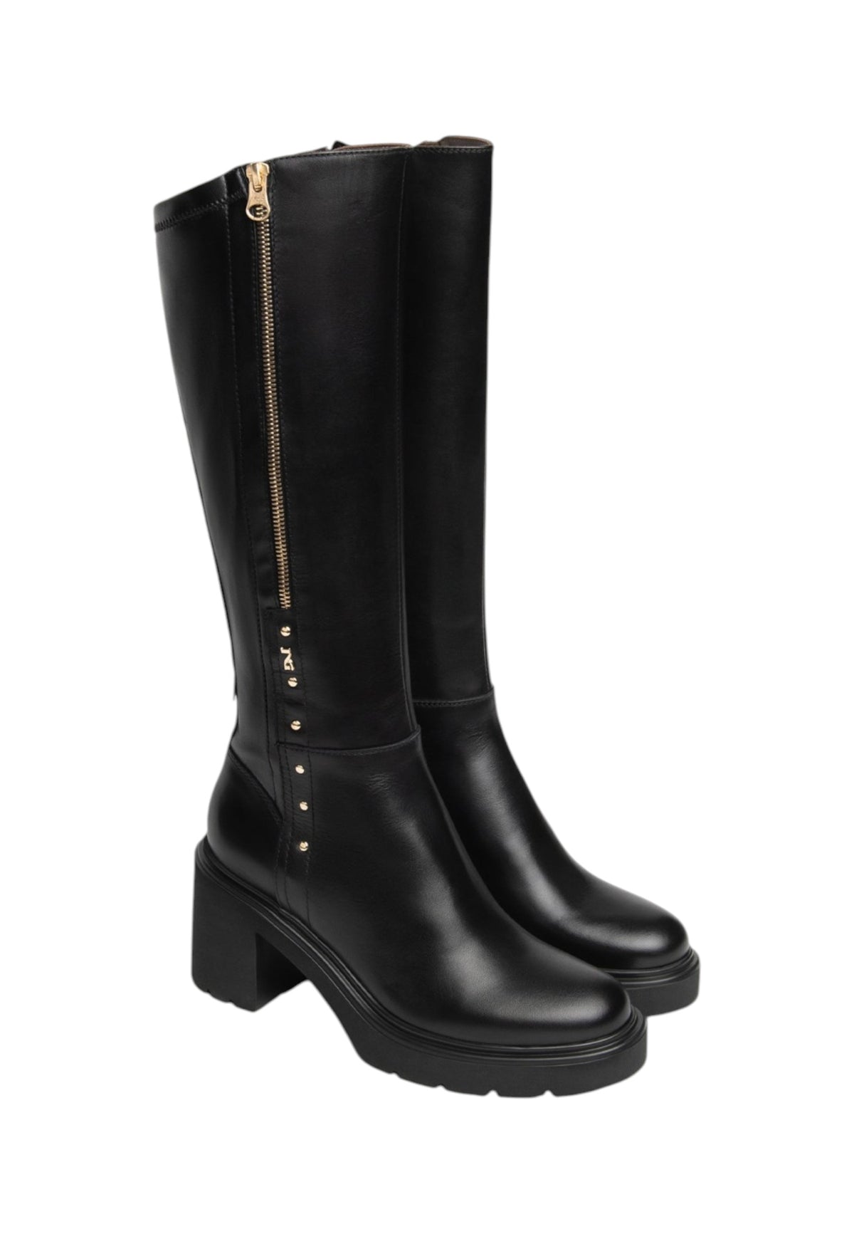 Stivali Con Tacco Donna Nero Giardini Tomaia in pelle e tessuto, gambale alto, zip decorativa, tacco largo, suola carrarmato, Made in Italy  I618088D