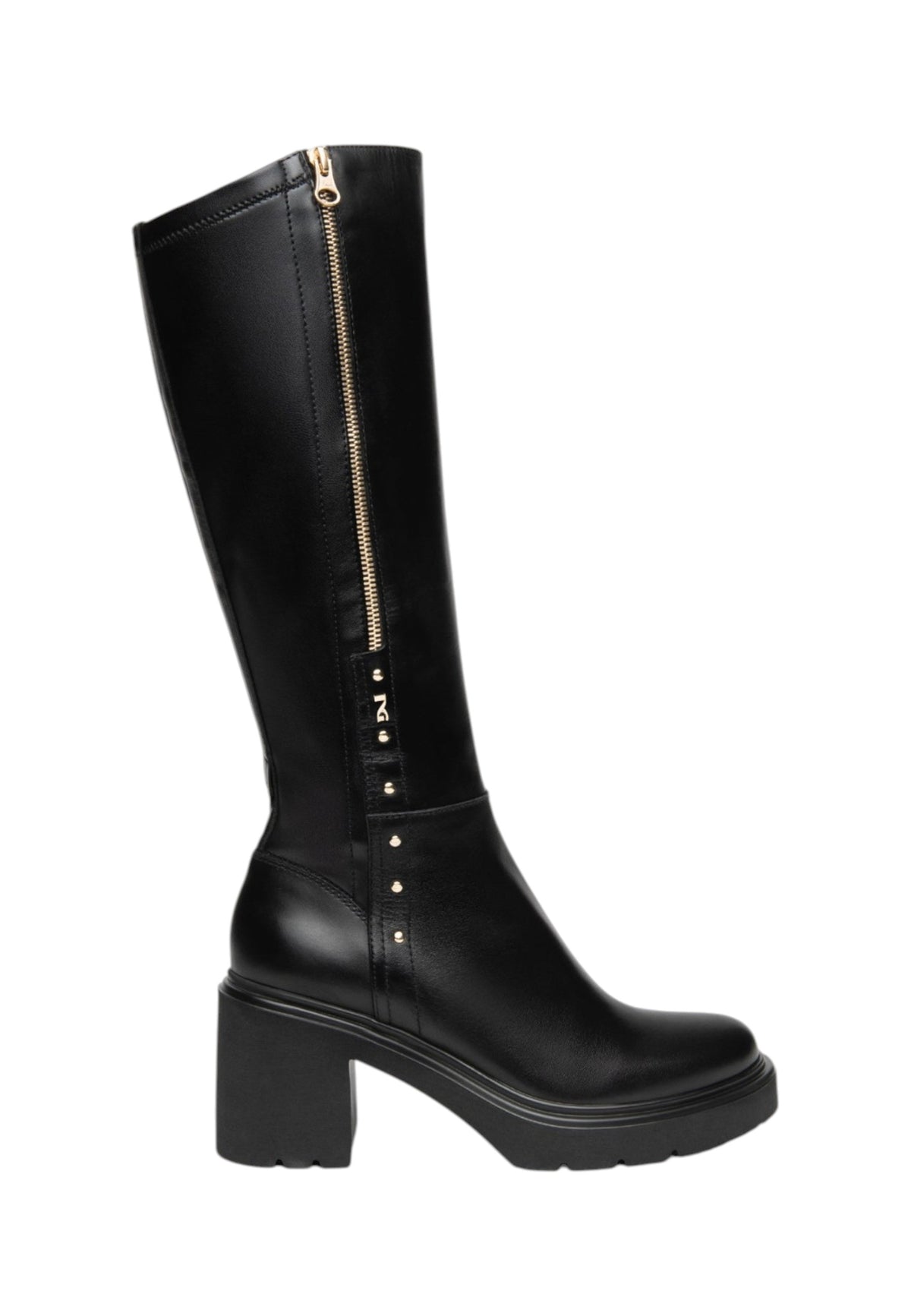 Stivali Con Tacco Donna Nero Giardini Tomaia in pelle e tessuto, gambale alto, zip decorativa, tacco largo, suola carrarmato, Made in Italy  I618088D