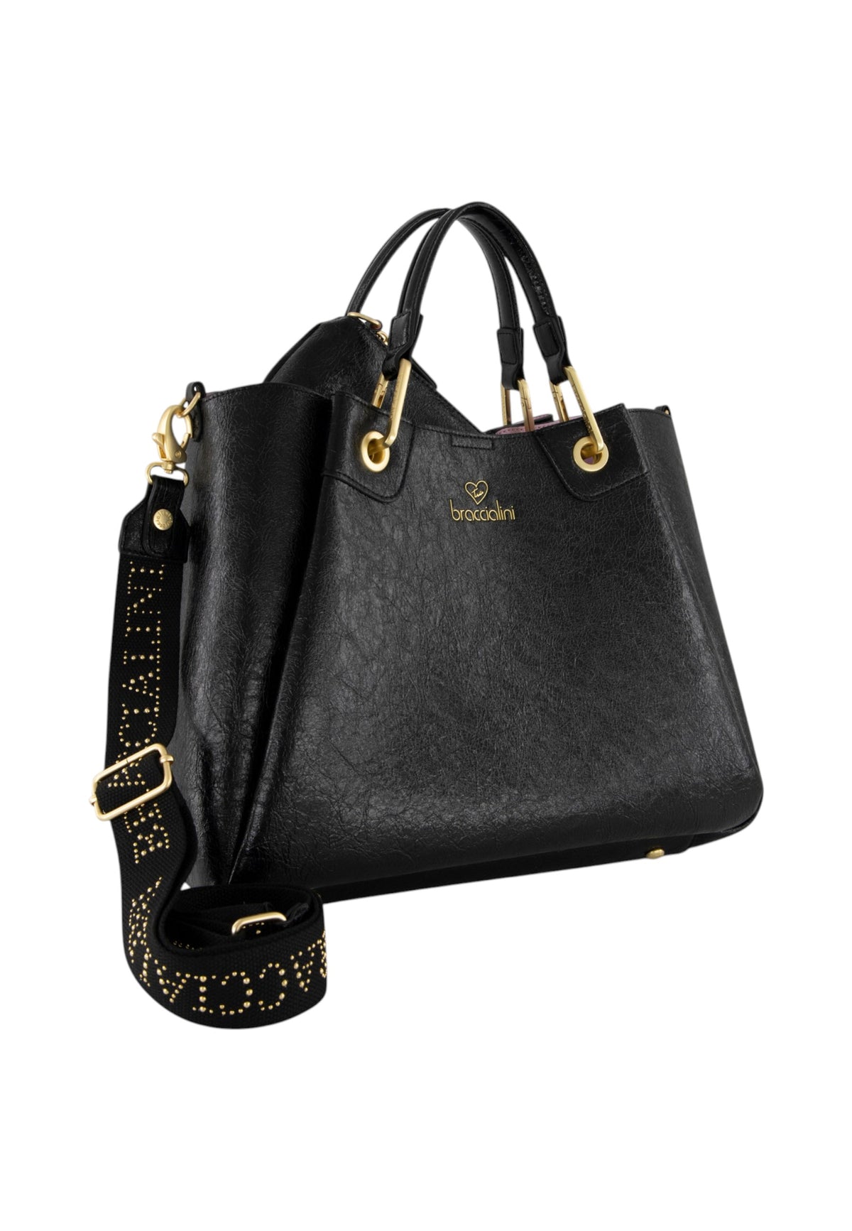 Borsa A Mano Donna Braccialini A Bauletto, Doppio con tracolla removibile e regolabile, Chiusura con clip, Con pochette interna removibile, Finitura lucida effetto spiegazzato, Dimensioni: 36 x 17 x 29 Cm Amy B19192YY