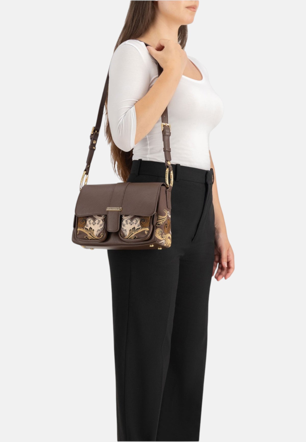 Borsa A Spalla Donna Braccialini A Spalla, Tracolla removibile e regolabile, Chiusura con clip, Due tasche interne, una con zip e una aperta, Stampa ramage con motivo ornamentale, Dimensioni: 20 x 8.5 x 18 Cm Queen B19300TY