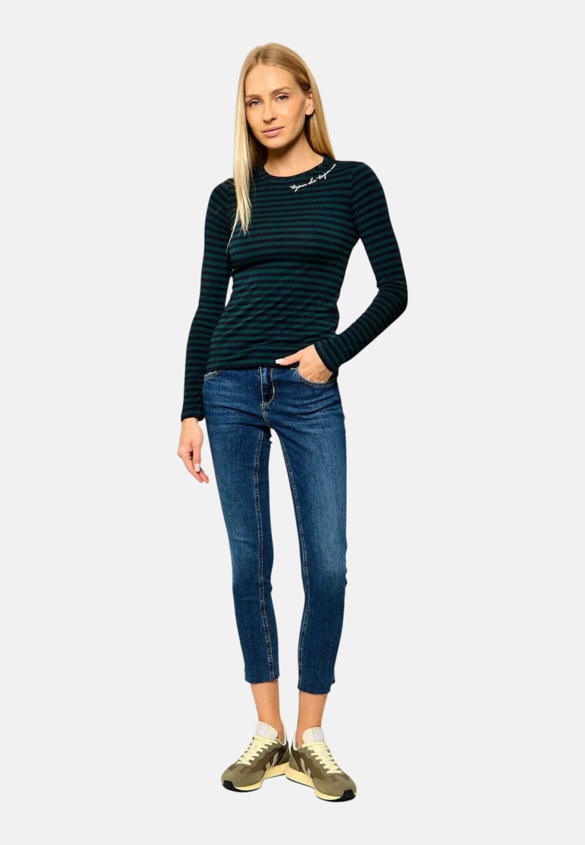 T-Shirt Manica lunga Donna Liu Jo A Righe Con Ricamo  WF6440J3988