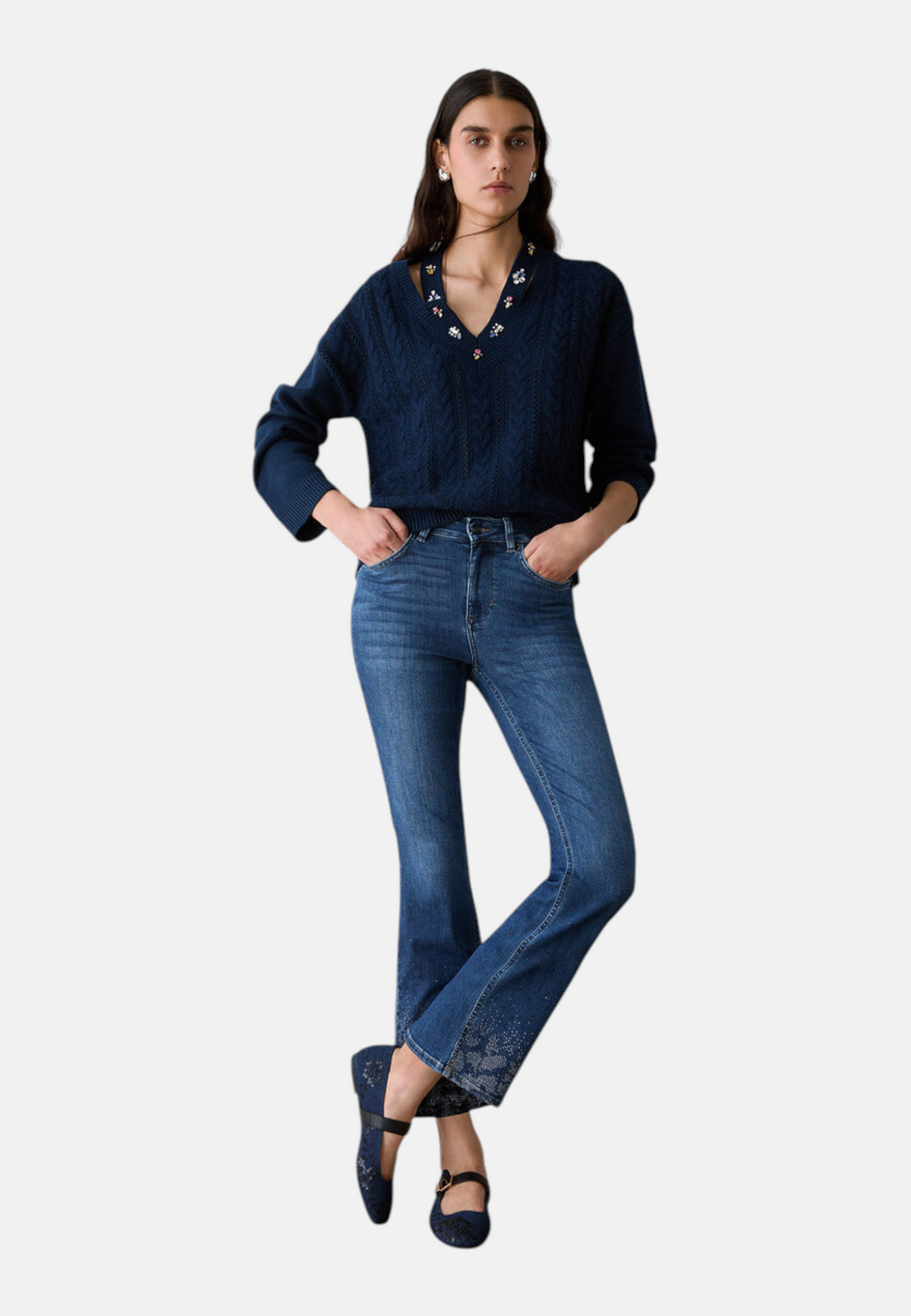Maglione Scollo A V Donna Liu Jo A Trecce Con Applicazioni Gioiello  WF6111MS051