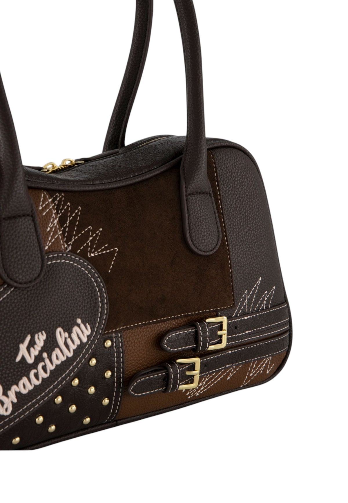Borsa A Mano Donna Braccialini A Bauletto, Doppio con tracolla removibile e regolabile, Chiusura con zip, Una tasca interna portacellulare, Patchwork con maxi cuore e micro borchie, Dimensioni: 35 x 12.5 x 19 Cm Amy Patchwork B19204YY