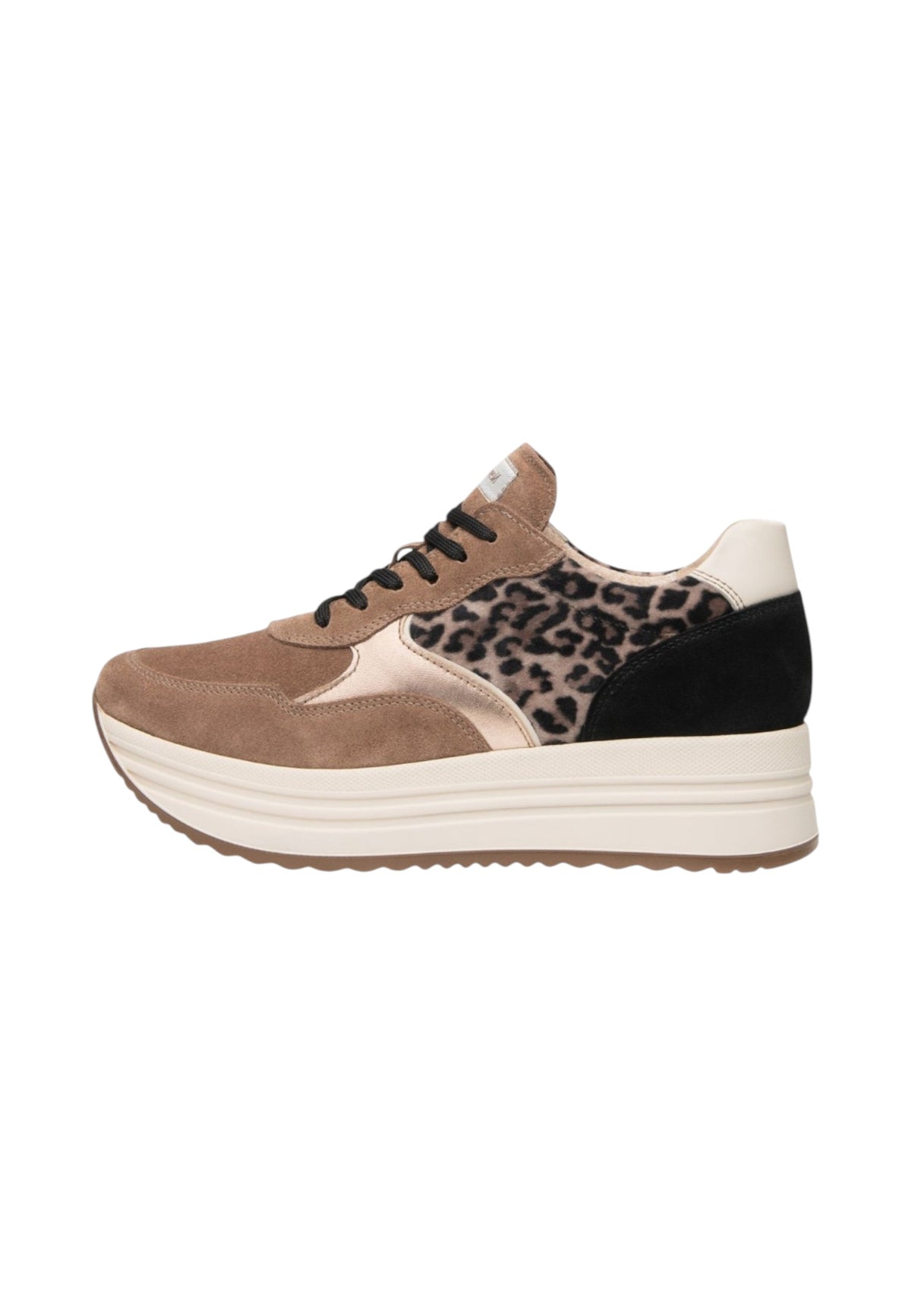 Sneakers Basse Donna Nero Giardini Tomaia in pelle scamosciata e tessuto, inserti animalier, chiusura con lacci, suola platform, Made in Italy  I617342D
