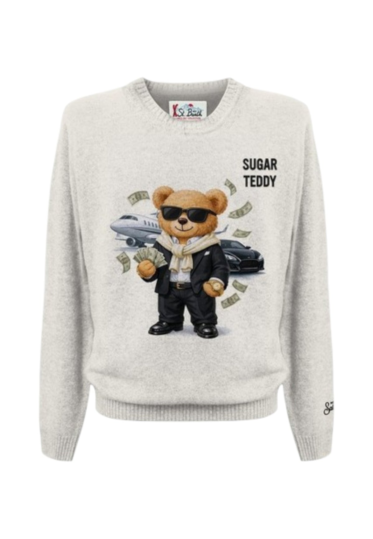 Maglione A Girocollo Uomo Mc2 Saint Barth Maniche Lunghe, Polsi E Fondo A Coste, Un Orsetto Con Occhiali Da Sole E Giacca Heron Print HER0022-SUGAR-TEDDY
