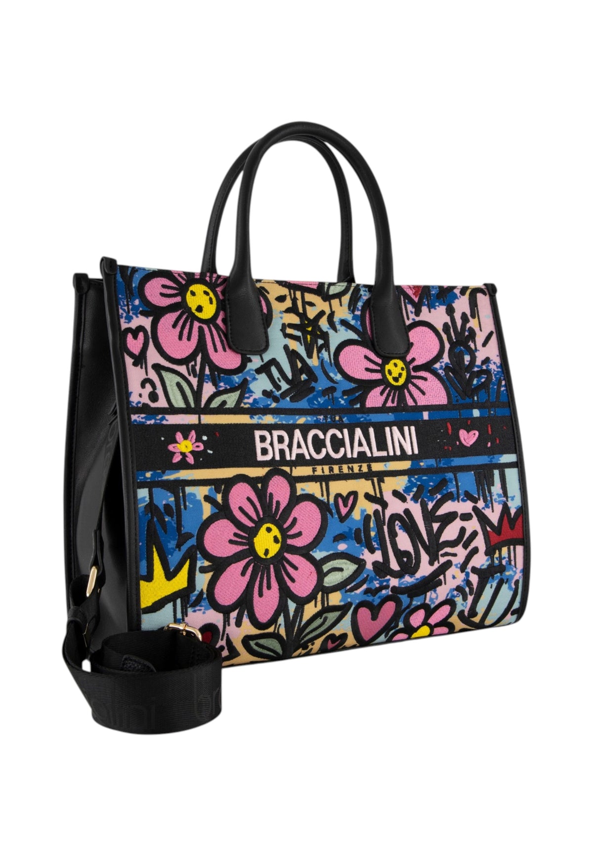 Borsa A Mano Donna Braccialini Tote, Doppio con tracolla removibile e regolabile, Chiusura con zip, Due tasche interne, una con zip e una aperta, Motivo jacquard con ricami e dettagli graffiti, Dimensioni: 35.5 x 17 x 29 Cm Jacquard B19290TY
