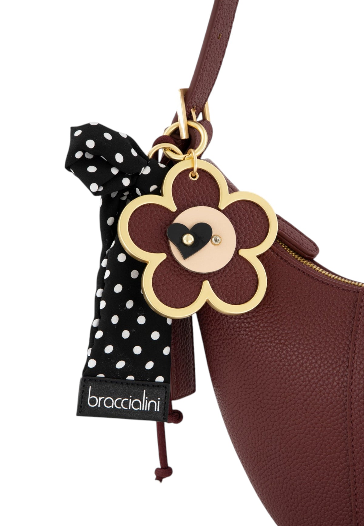 Borsa A Spalla Donna Braccialini Hobo, Singolo, Chiusura con zip, Una tasca interna portacellulare, Charm removibile con margherita e fiocco a pois, Dimensioni: 32.5 x 7 x 29 Cm Beth B19227YY