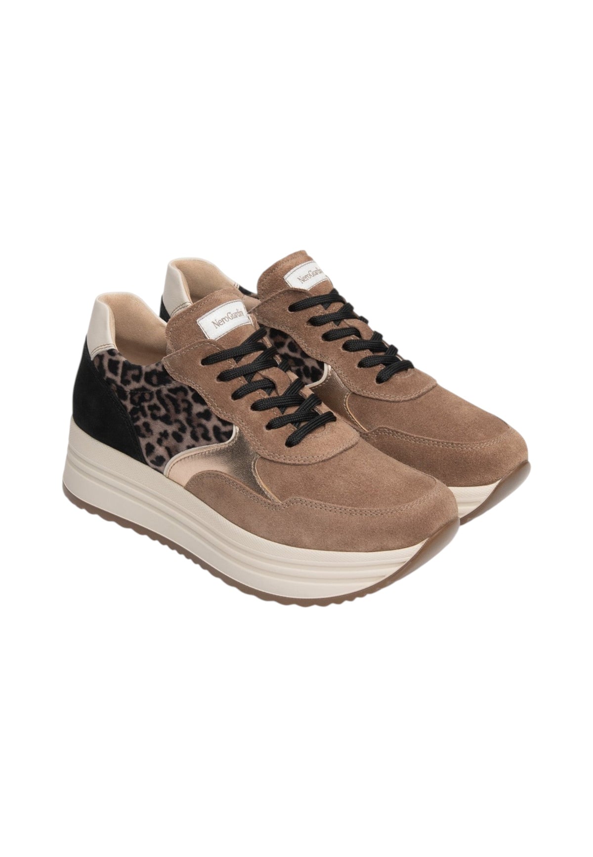 Sneakers Basse Donna Nero Giardini Tomaia in pelle scamosciata e tessuto, inserti animalier, chiusura con lacci, suola platform, Made in Italy  I617342D