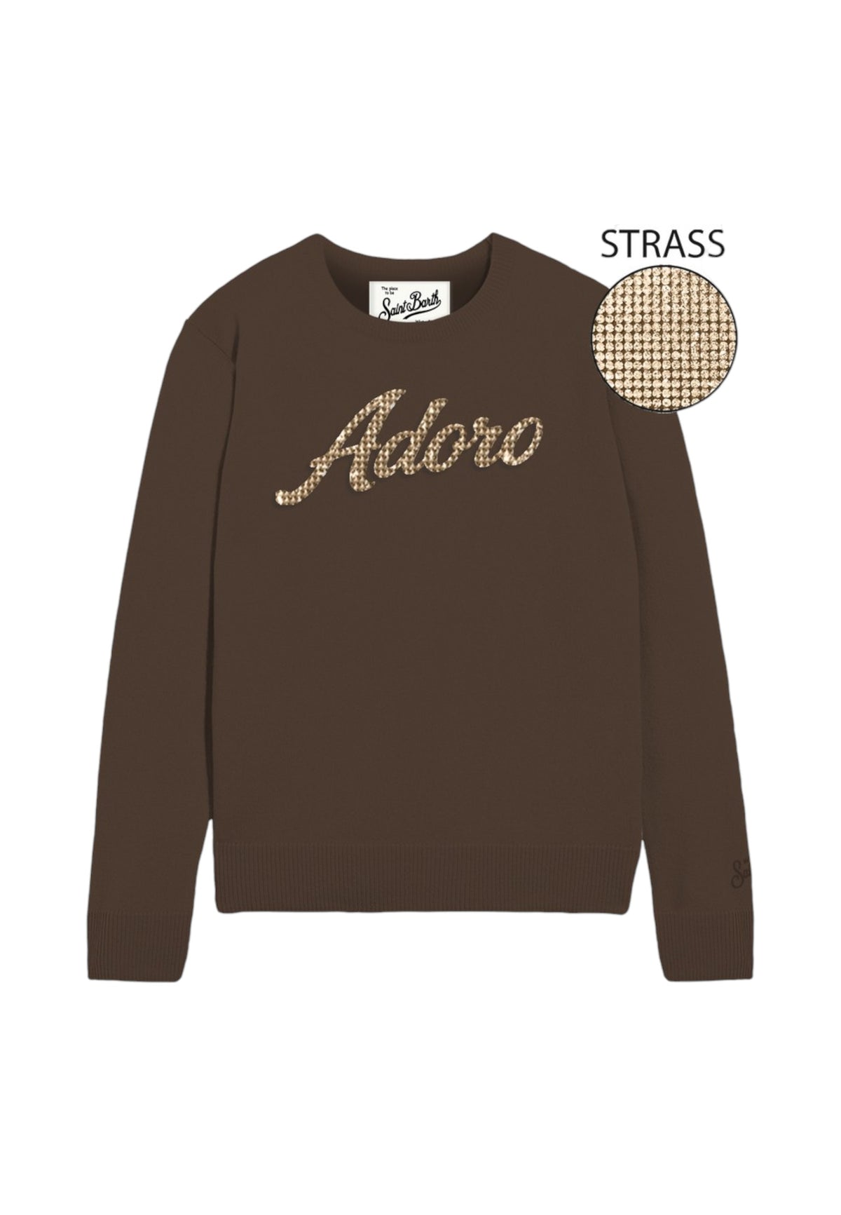 Maglione A Girocollo Donna Mc2 Saint Barth Maniche Lunghe, Polsi E Fondo A Coste, La Scritta Adoro In Strass New Queen QUE0010-ADORO