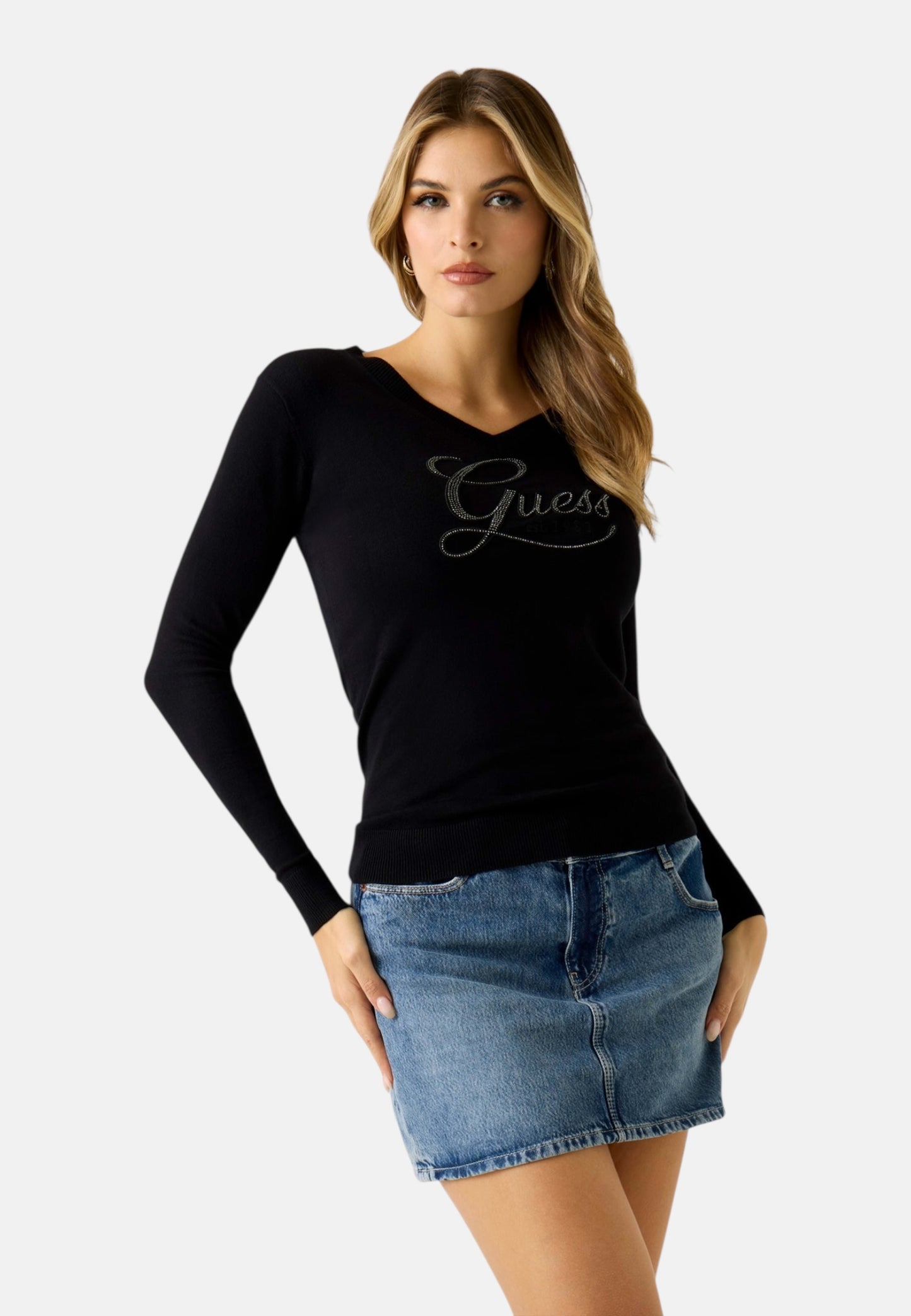 Maglia Scollo A V Donna Guess  Stephanie Logo W6RR50Z2NQ2