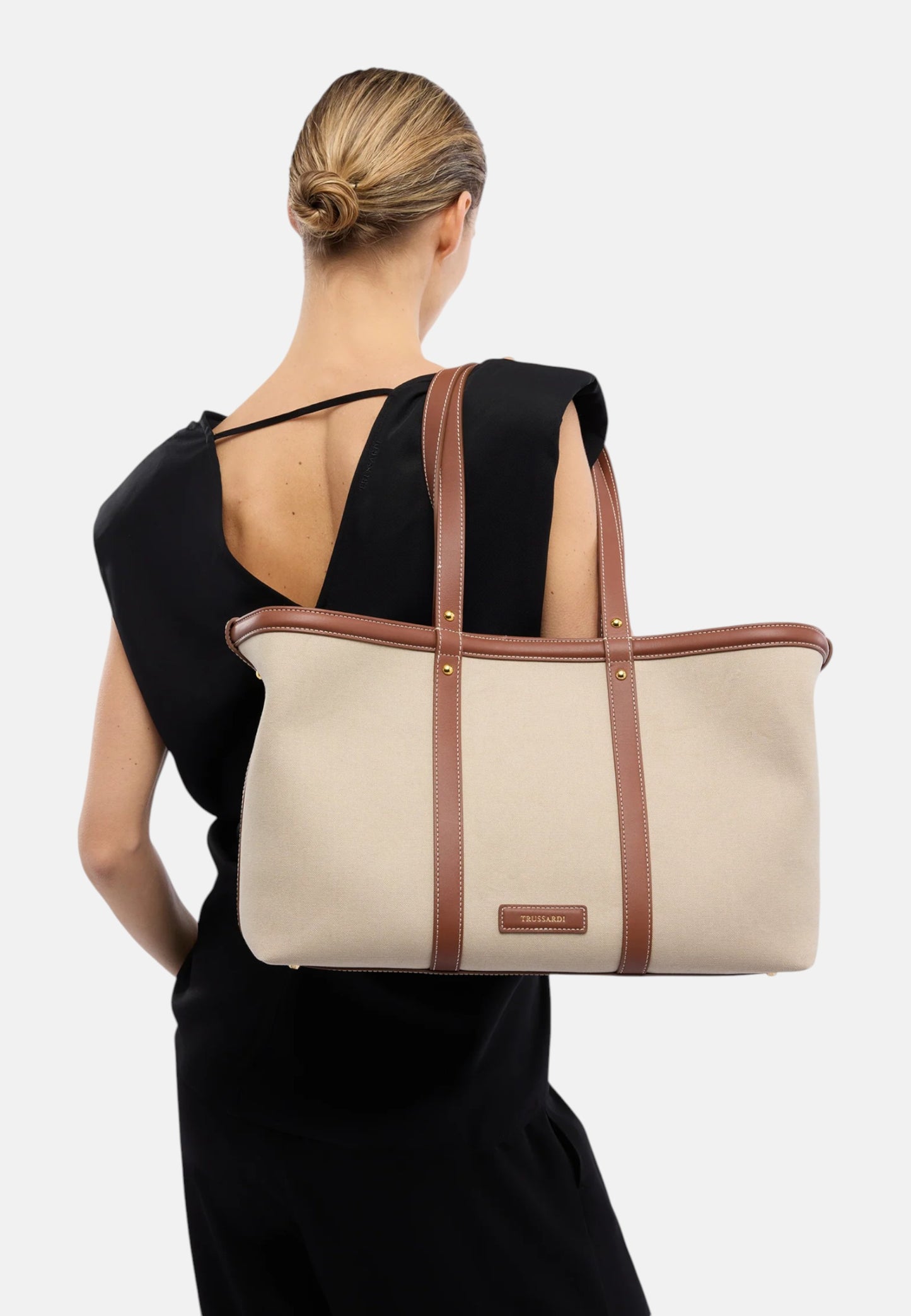 Borsa A Spalla Donna Trussardi Shopper In Canvas E Pelle Elba Z772E006473N