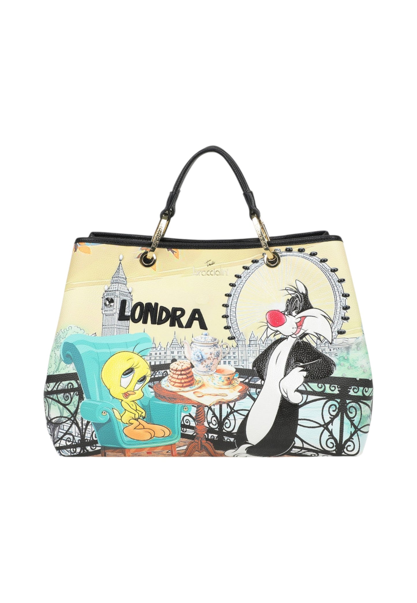 Borsa A Mano Donna Braccialini Stampa Titti e Gatto Silvestro Londra Cartoline Lt LT252YY