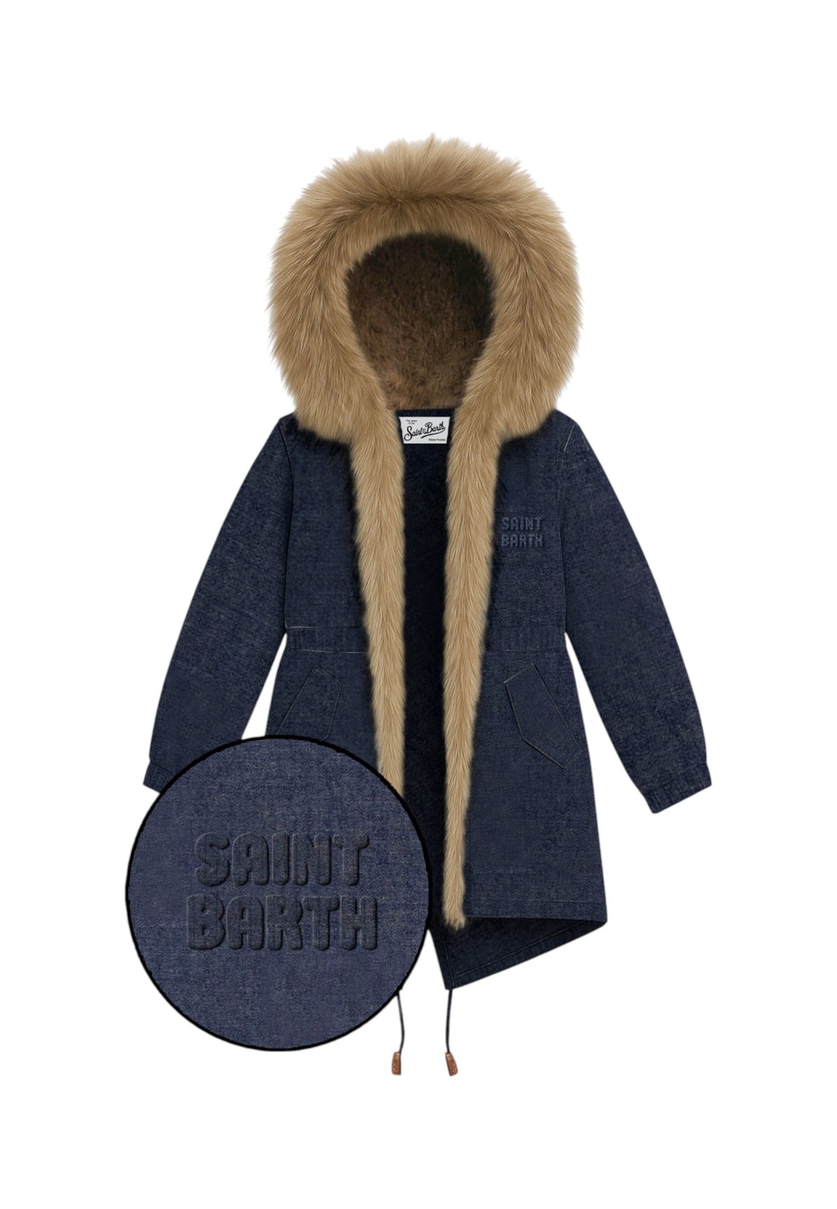 Parka  Donna Mc2 Saint Barth Cappuccio Con Bordo In Pelliccia Sintetica, Linea Lunga Brenna Denim BNN0001-D-SB-PATCH