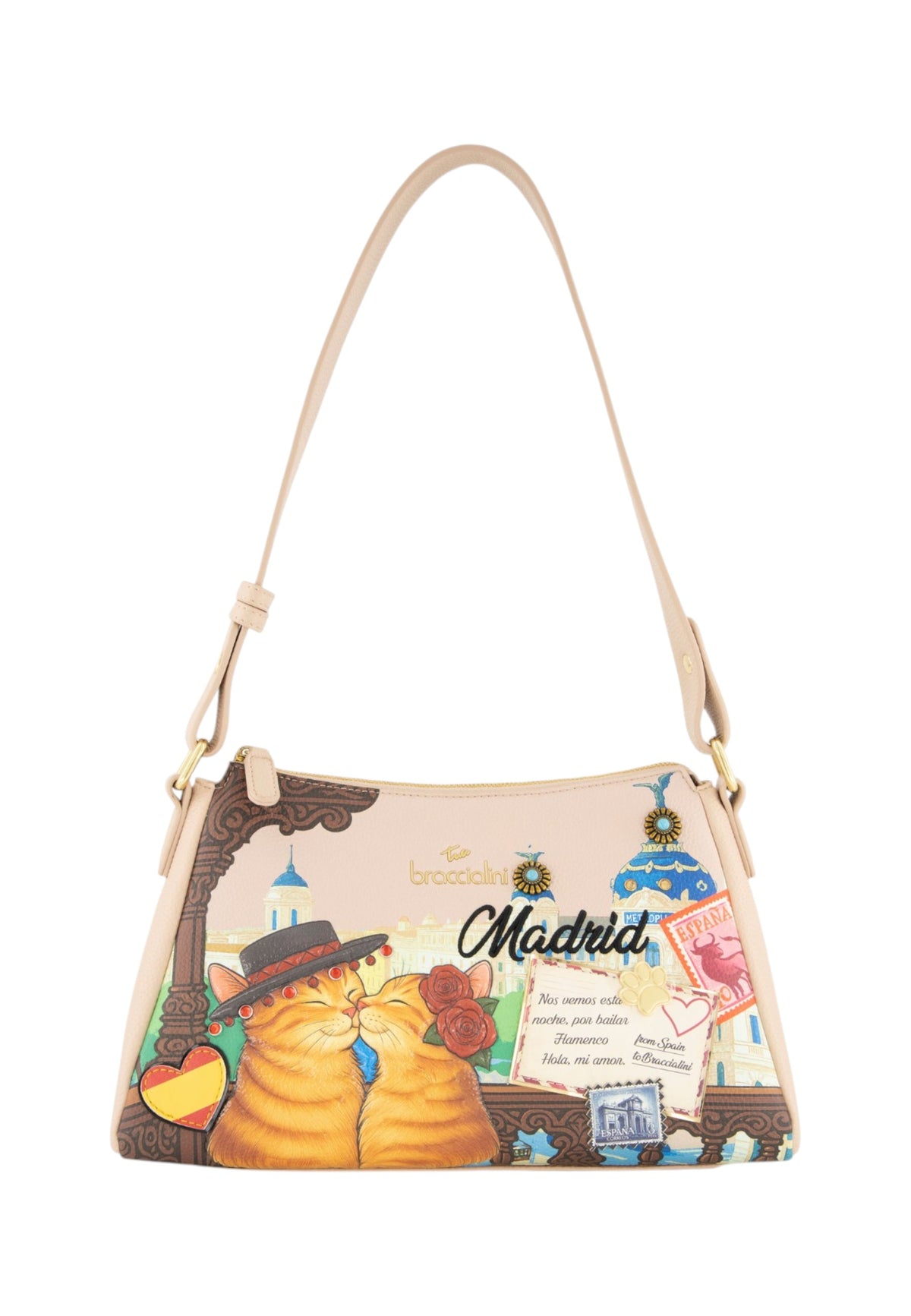 Borsa A Spalla Donna Braccialini A Spalla, Tracolla non removibile e regolabile, Chiusura con zip, Due tasche interne, una con zip e una aperta, Stampa Cartoline dedicata a Madrid, Dimensioni: 31.5 x 10.5 x 19 Cm Cartoline Madrid B19165YY