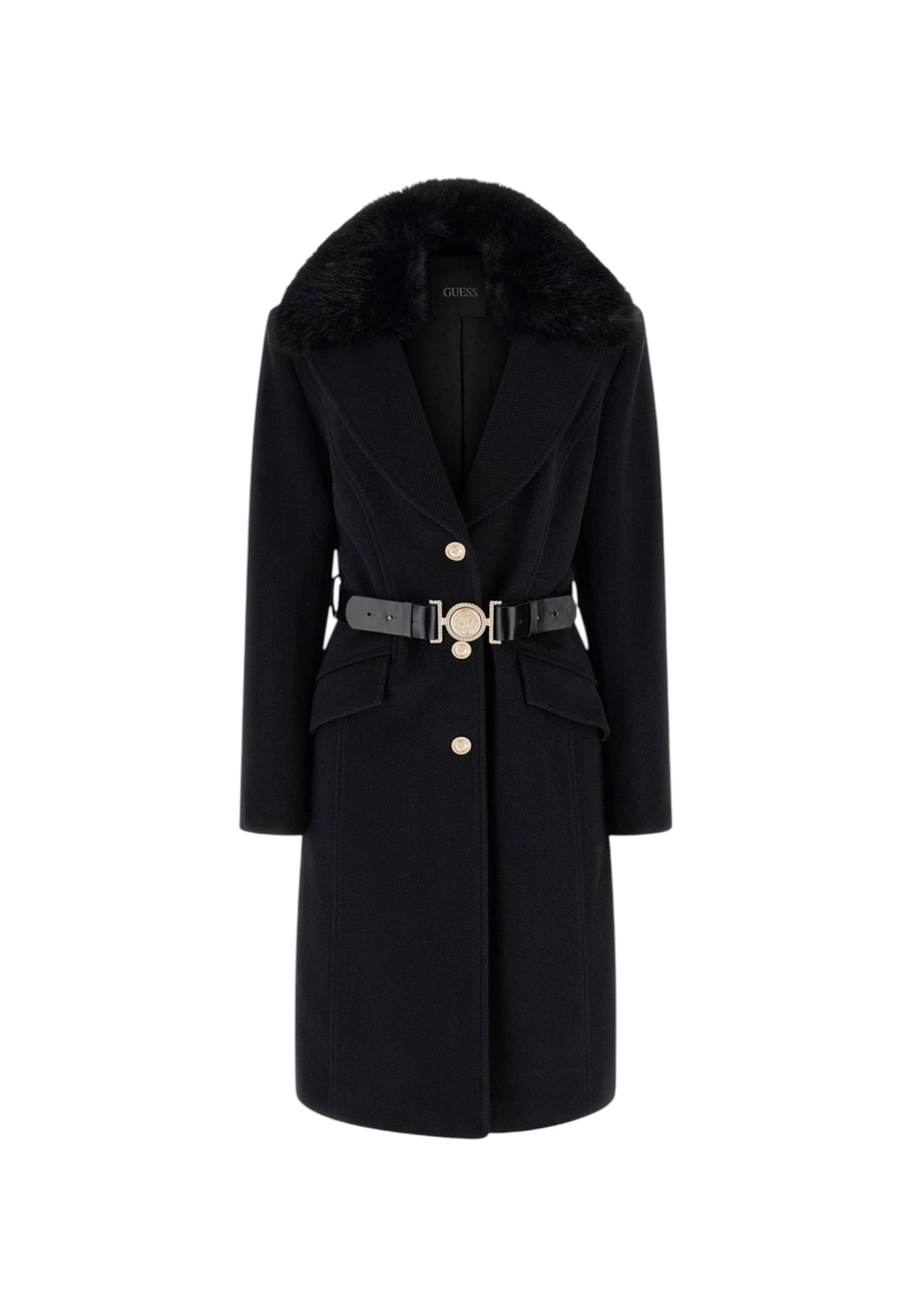 Cappotto  Donna Guess Con Cintura e Collo In Eco Pelliccia New Patrice W5BL25W2672