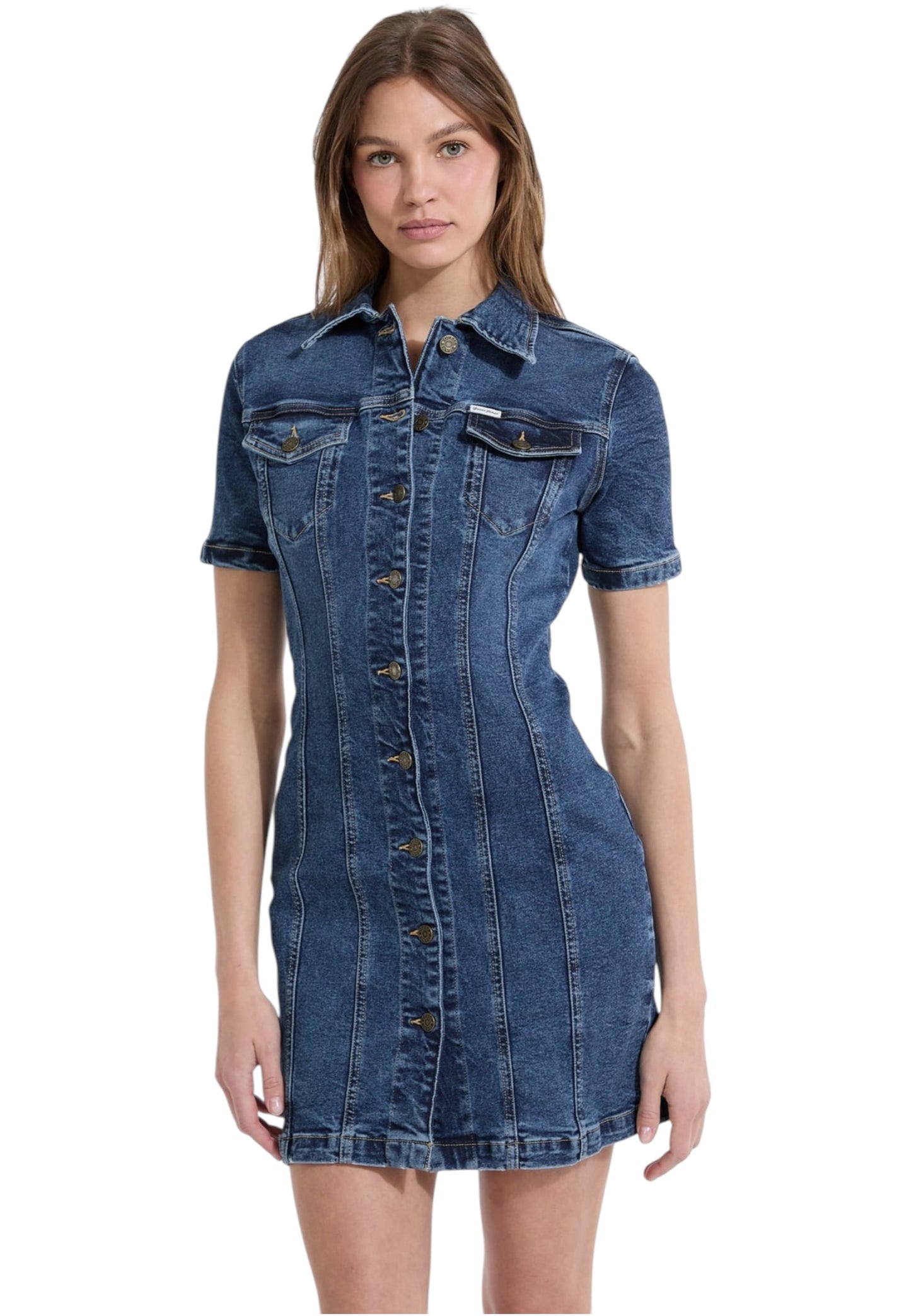 Vestito Corto Donna Guess Manica Corta In Denim Gj W5YK55D5R11