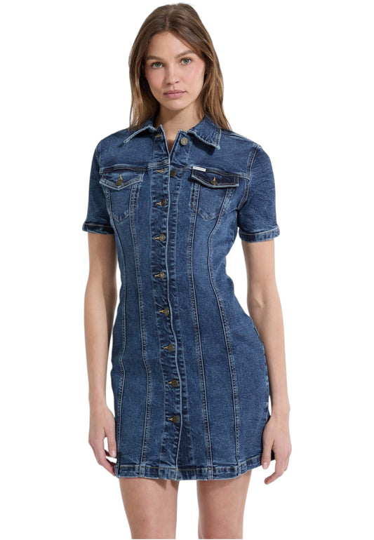 Vestito Corto Donna Guess Manica Corta In Denim Gj W5YK55D5R11