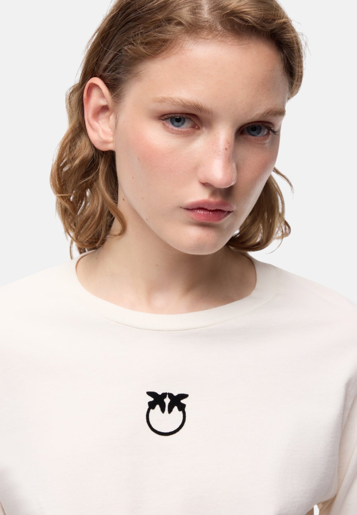 T-Shirt Manica lunga Donna Pinko Girocollo, maniche lunghe, vestibilit� regular, jersey di puro cotone, logo Love Birds floccato dall�effetto vellutato sul petto Toblino 107292A3HP