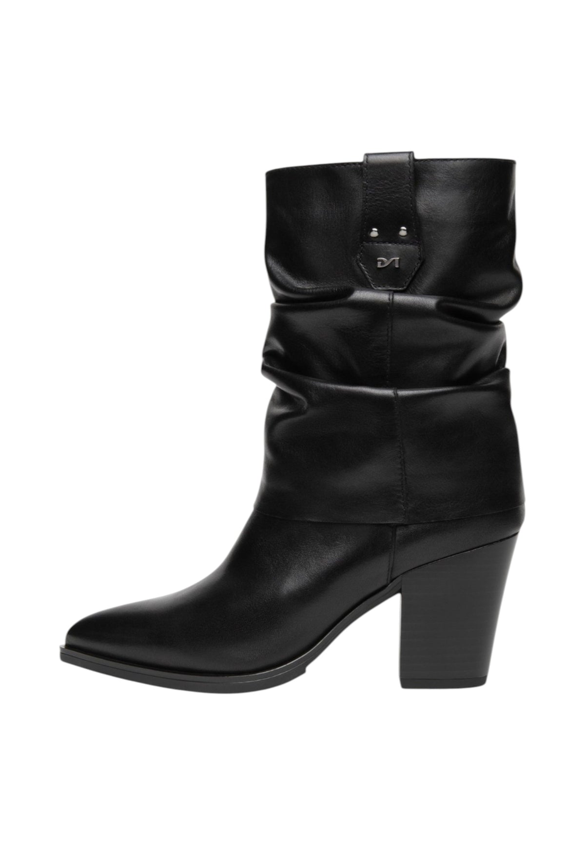 Stivali Con Tacco Donna Nero Giardini Tomaia in pelle, gambale morbido arricciato, punta affusolata, tacco largo, dettaglio logo, Made in Italy  I617146D