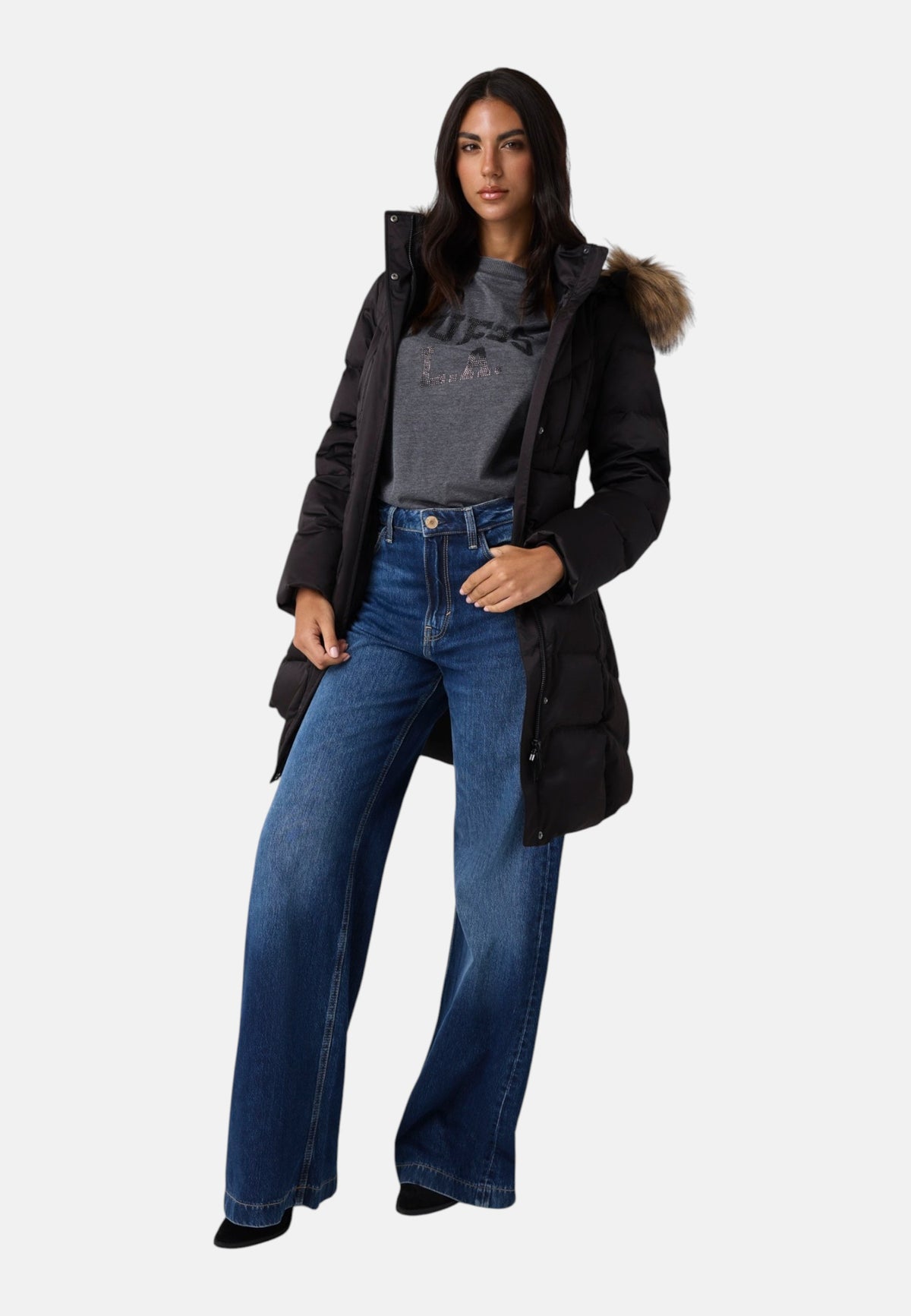 Piumino Lungo Donna Guess Con Cappuccio, Vera piuma New Marina W6BL37W4085