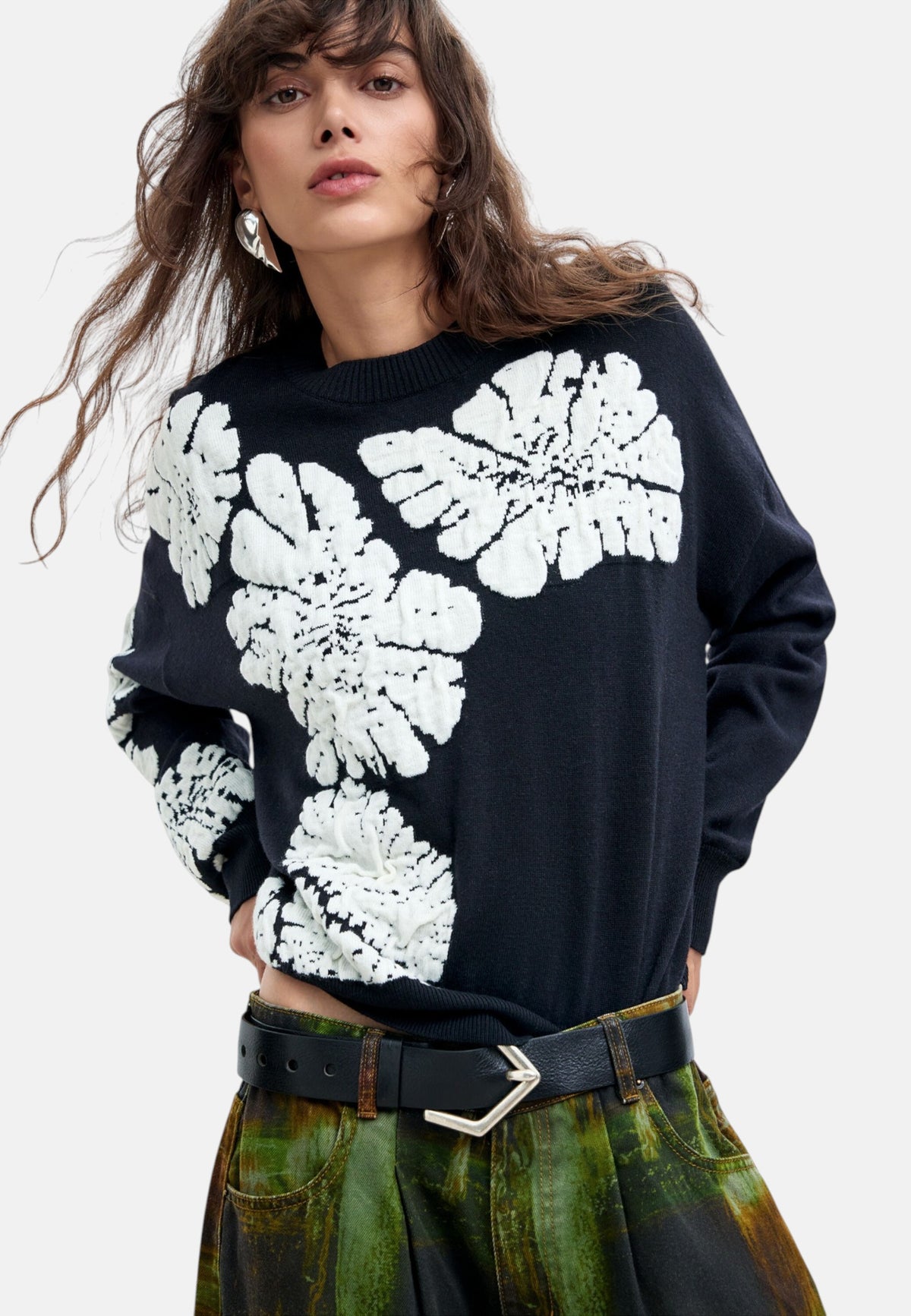 Maglione A Girocollo Donna Desigual Collaborazione M. C. Lacroix, Motivo a foglie, Fit loose, Maglia fine, Poliestere riciclato Bubbles 26WWJF09