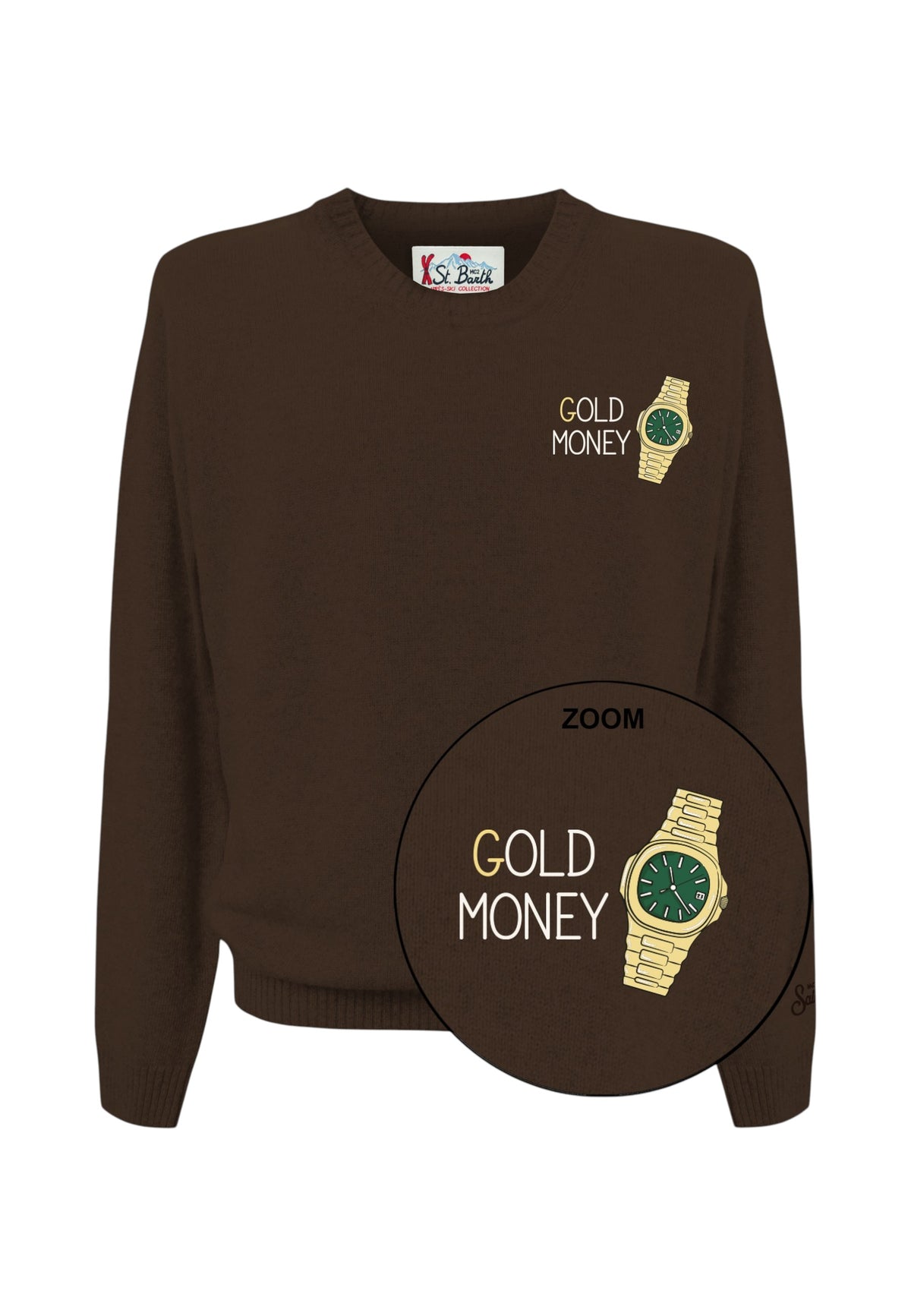 Maglione A Girocollo Uomo Mc2 Saint Barth Maniche Lunghe, Polsi E Fondo A Coste, Un Orologio Dorato Accanto Al Lettering Gold Money Heron Light Embry HER0024-GOLD-MONEY