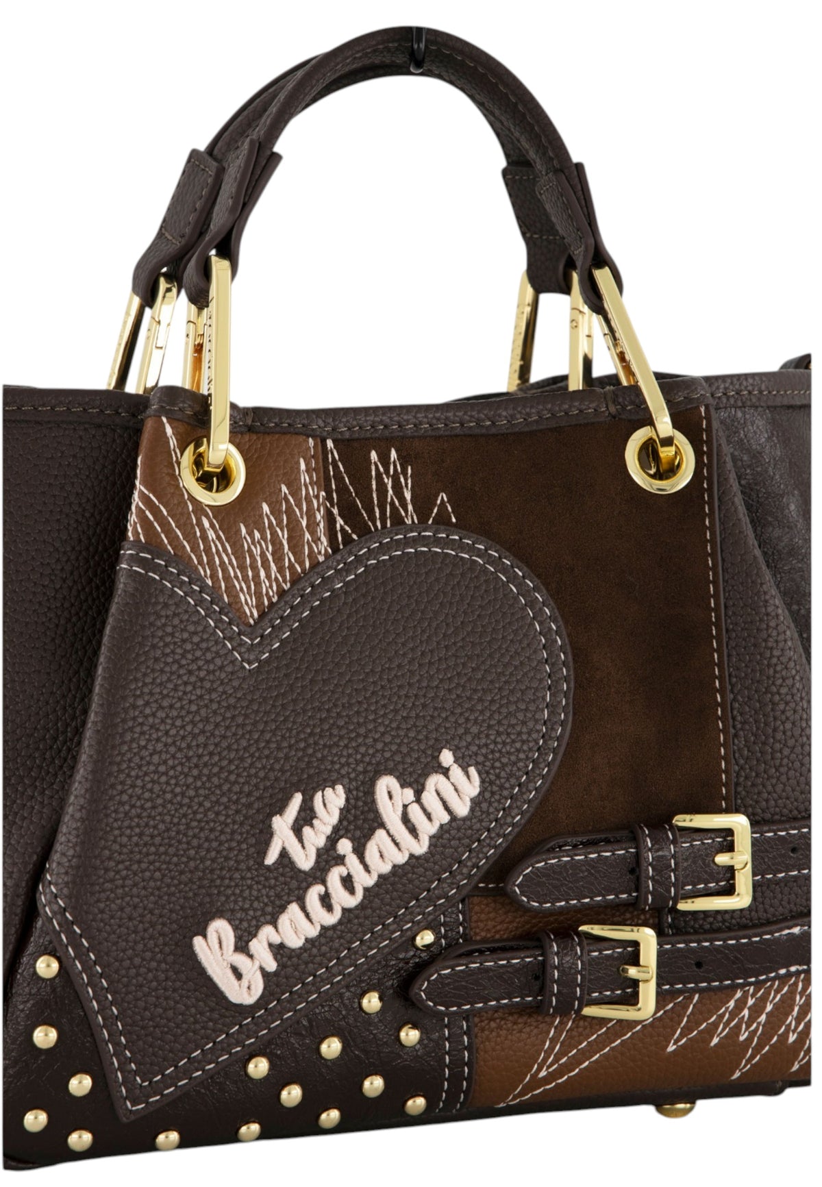 Borsa A Mano Donna Braccialini A Bauletto, Doppio con tracolla removibile e regolabile, Chiusura con zip, Patchwork con maxi cuore e micro borchie, Dimensioni: 25 x 10.5 x 18 Cm Amy Patchwork B19200YY