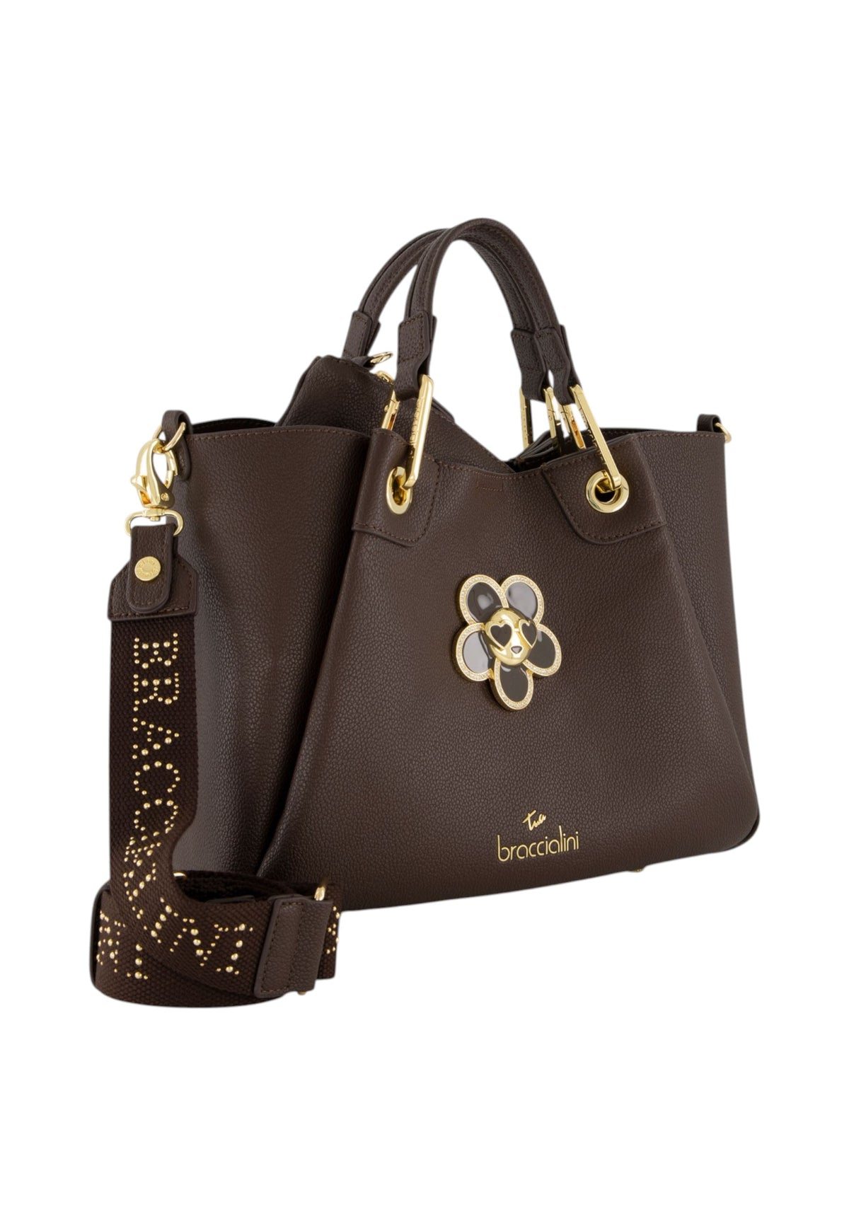 Borsa A Mano Donna Braccialini A Bauletto, Doppio con tracolla removibile e regolabile, Chiusura con clip, Con pochette interna removibile, Charm gioiello a forma di margherita, Dimensioni: 31 x 13 x 23 Cm Amy Bijoux B19211YY