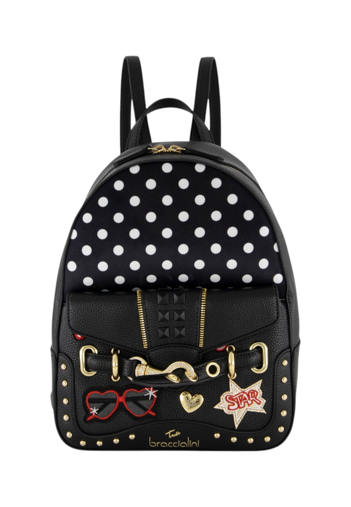 Zaino  Donna Braccialini Zaino compatto, Singolo con tracolle regolabili, Chiusura con zip, Due tasche interne, una con zip e una aperta, Borchie, patch e dettagli in cristallo, Dimensioni: 23 x 12 x 30 Cm Rock B19274YY