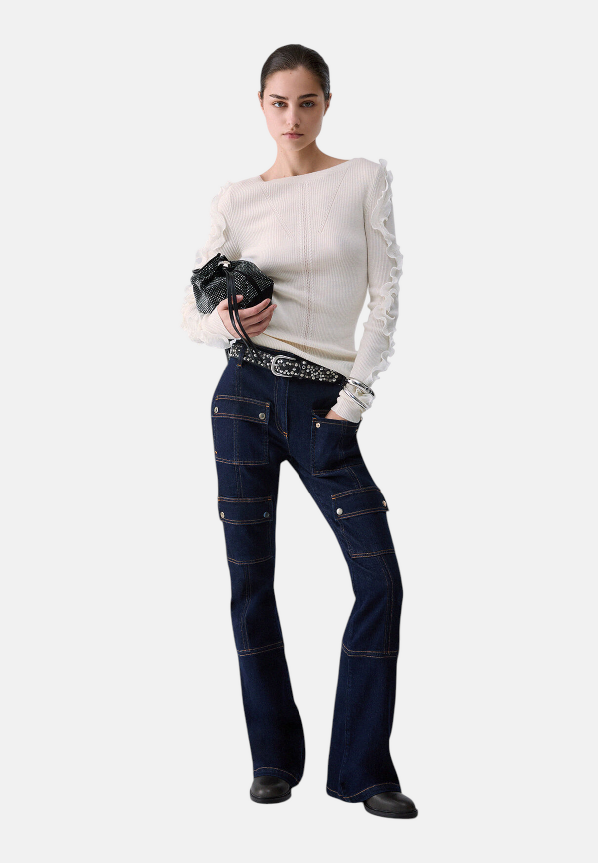 Maglia A Girocollo Donna Liu Jo A Costine Con Volant Sulle Maniche  CF6042MA82O